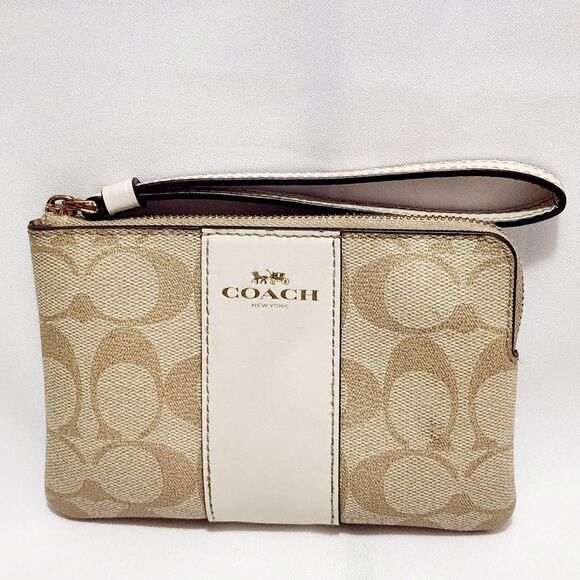 Coach Corner Zip Signature Women's Wallet Khaki Brown Tan Stripe - Picture 6 of 9